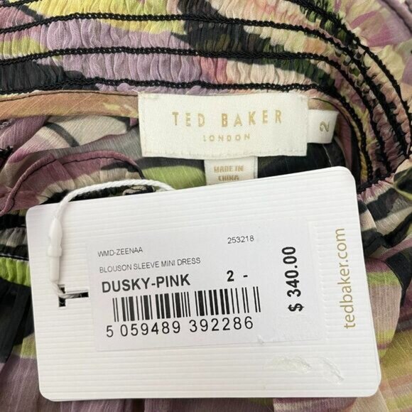 Ted Baker Zeenaa Blouson Sleeve Zebra Print Mini Dress Dusty Pink Ted 2/ US 6 - Picture 8 of 11